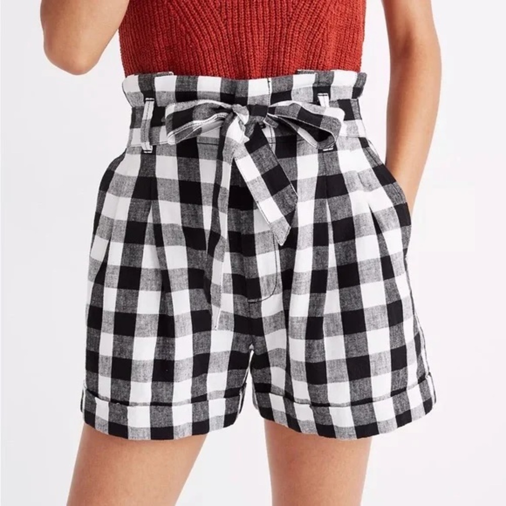 Madewell Linen Blend Paperbag Shorts in Black & White Gingham